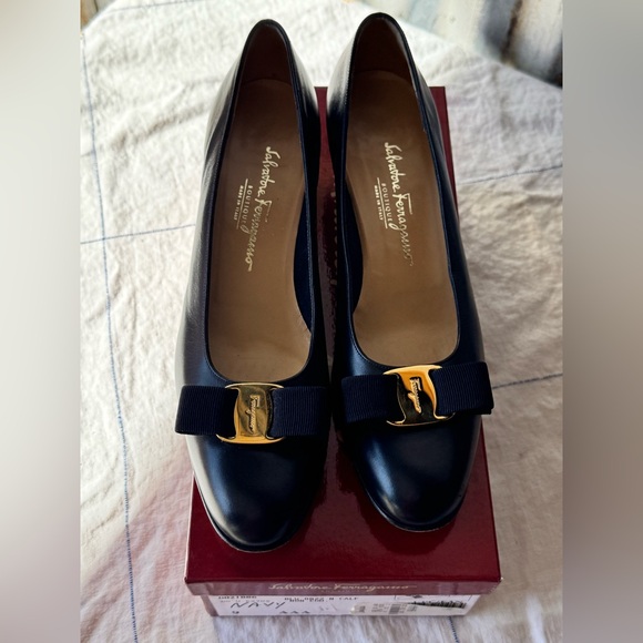 Salvatore Ferragamo Shoes - Salvatore Ferragamo Navy Flats with Gold Buckle